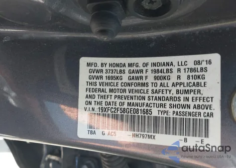 2016 Honda Civic Lx from USA, damaged, VIN 19XFC2F58GE081685
